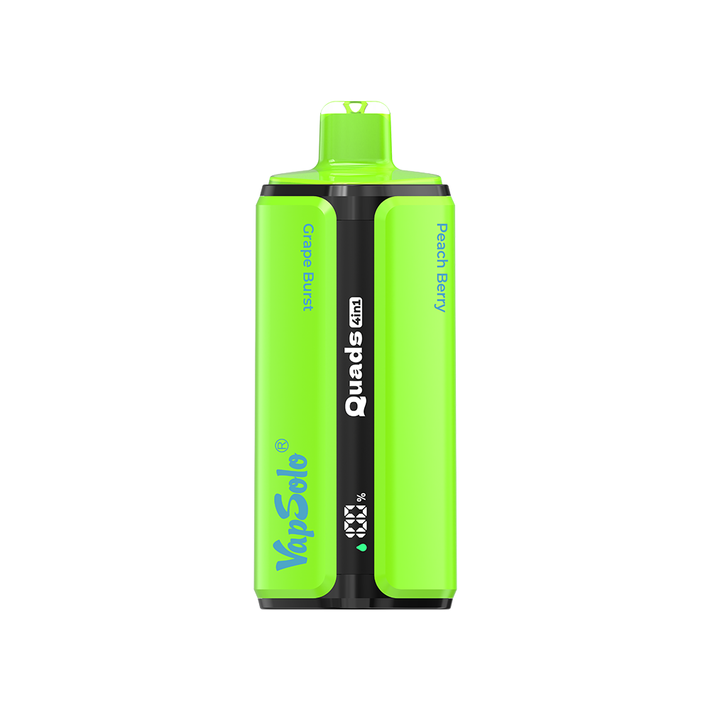 Zöld VapSolo Quads 80K e-cigaretta, Grape Burst és Peach Berry ízesítéssel, fekete középső résszel.