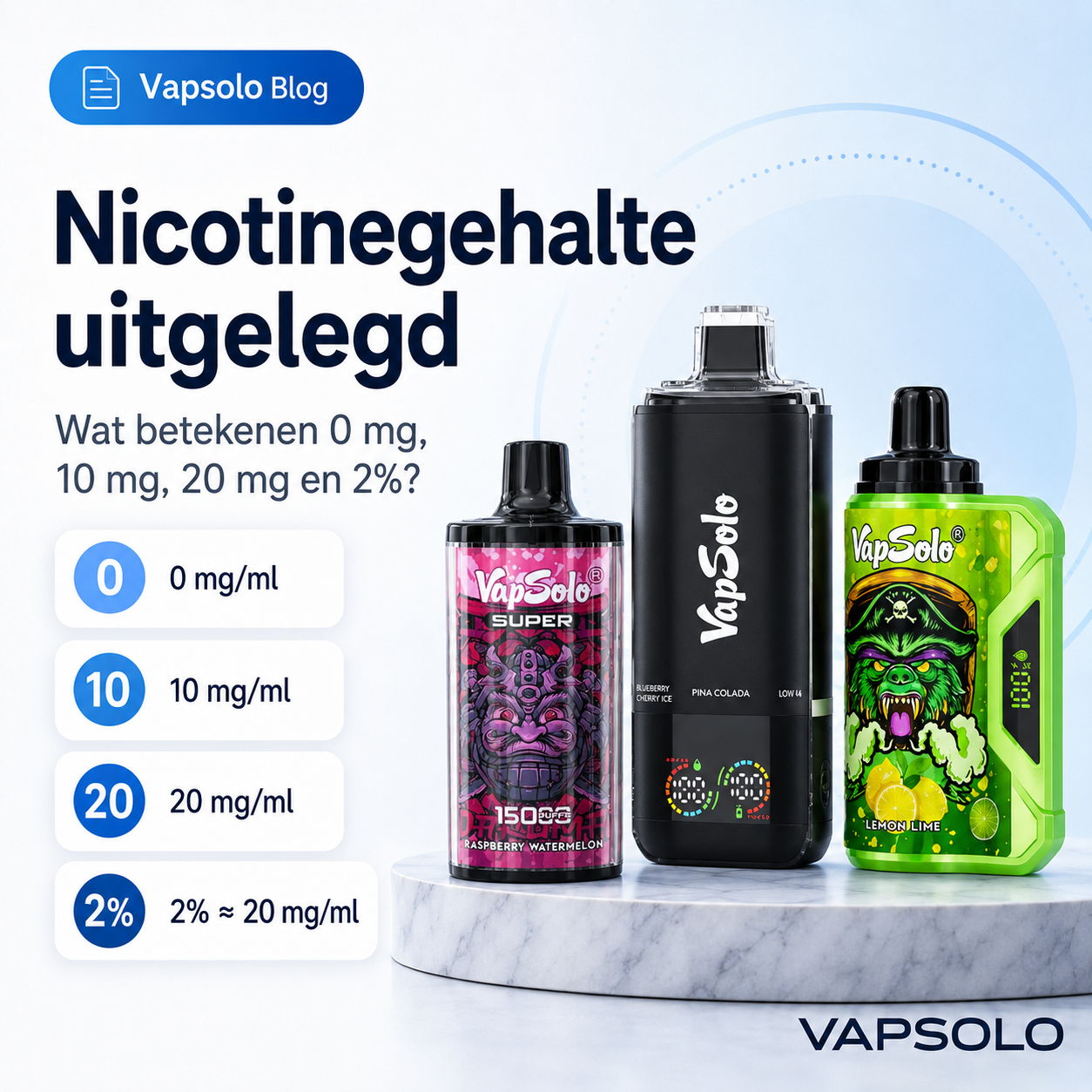 Vapsolo productafbeelding met uitleg over nicotinegehalte bij vapes
