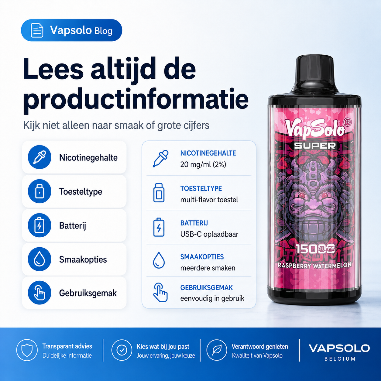 Vapsolo SUPER vape product shown in a Dutch blog infographic about nicotine levels