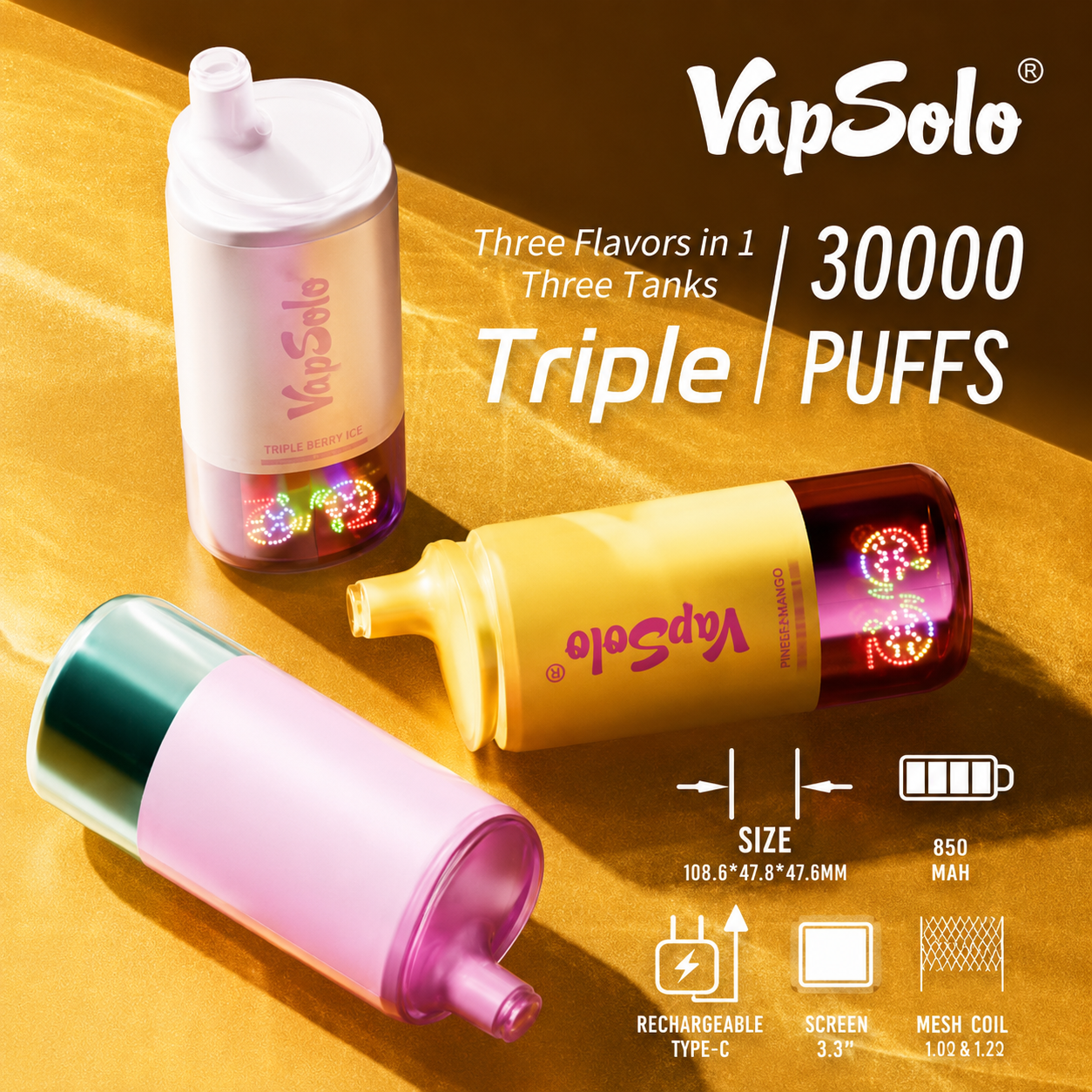 Vapsolo Triple 30000 Puffs vape met drie smaken in drie tanks